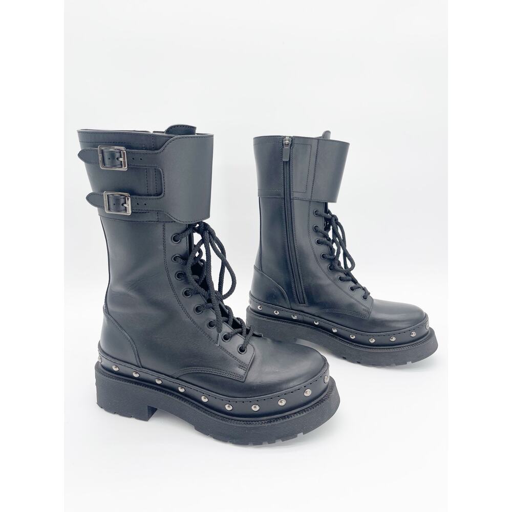 Christian Dior Diorquake Black Calfskin Studded Buckle Moto Combat Boots EU 38.5